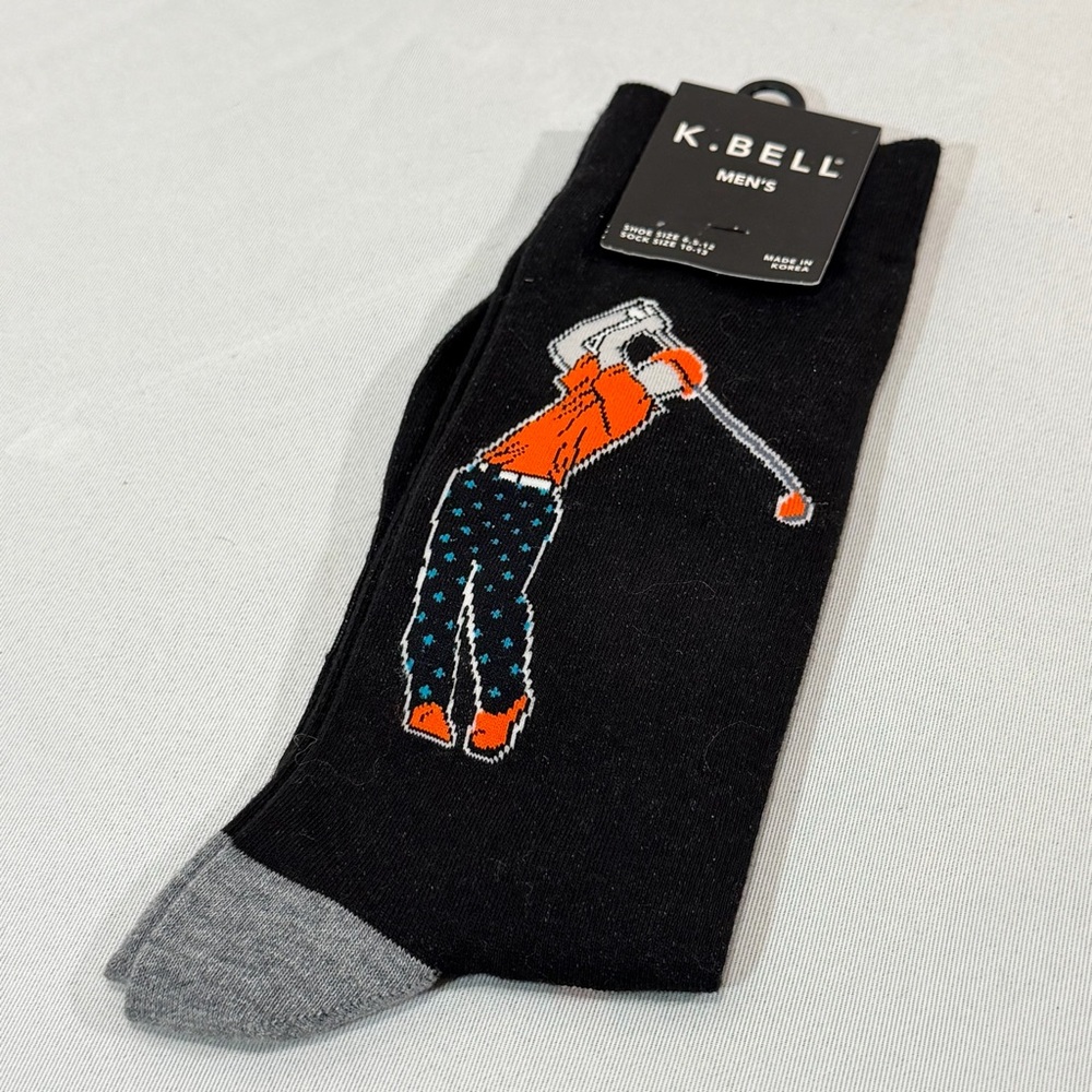 K. Bell Mens Socks Golf Themed Novelty Black Orange Shoe Size 6 1/2-12 10-13